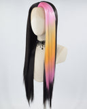 Black Strunk Stripe Pink Ombre Orange Synthetic Lace Front Wig WT246