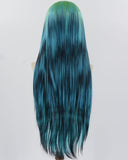 Green Ombre Blue Black Long Straight Synthetic Lace Front Wig WW821