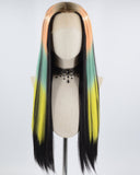 Ombre Orange Green Yellow Black Synthetic Lace Front Wig WT256