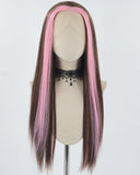 Pink Brown Long Straight Synthetic Lace Front Wig WW768