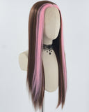 Pink Brown Long Straight Synthetic Lace Front Wig WW768