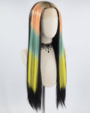 Ombre Orange Green Yellow Black Synthetic Lace Front Wig WT256