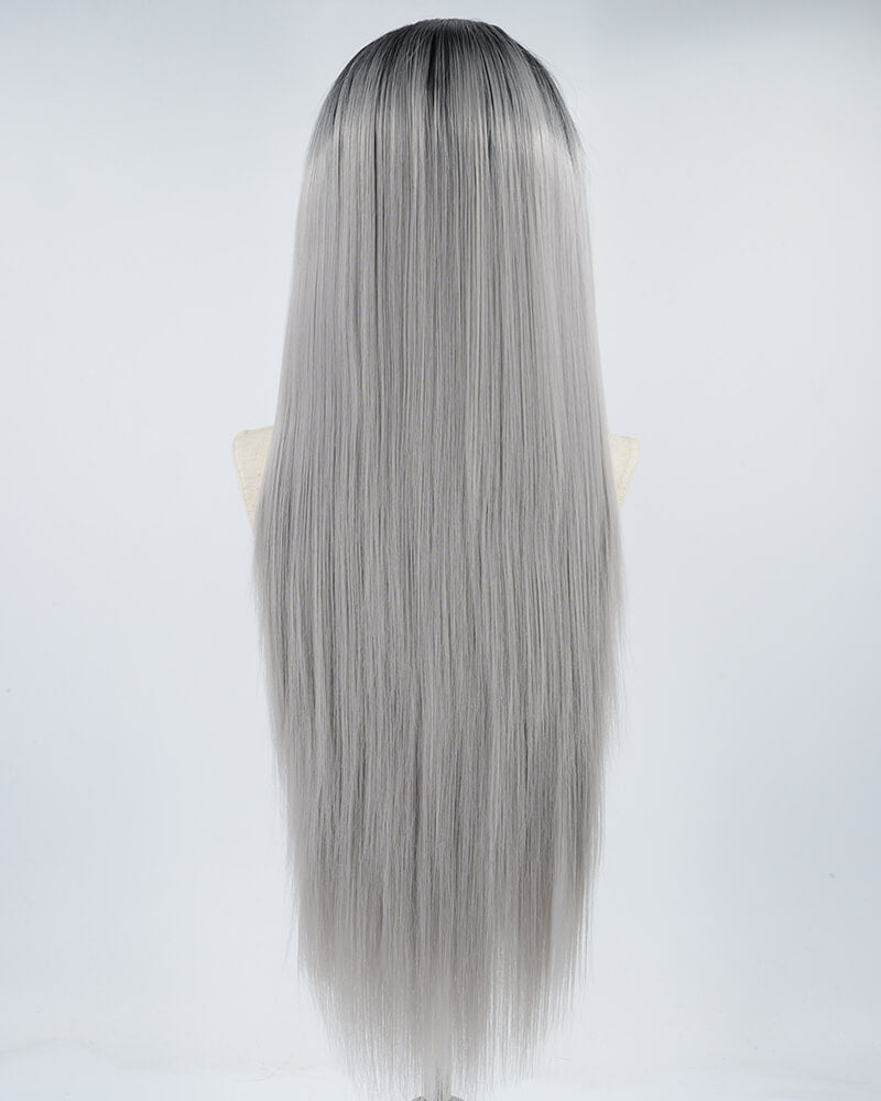 Weekendwigs Long Straight Ombre Gray Synthetic Lace Front Wig 8579