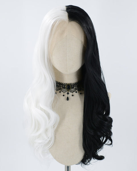 Weekendwigs Half Black Half White Long Wavy Synthetic Lace Front